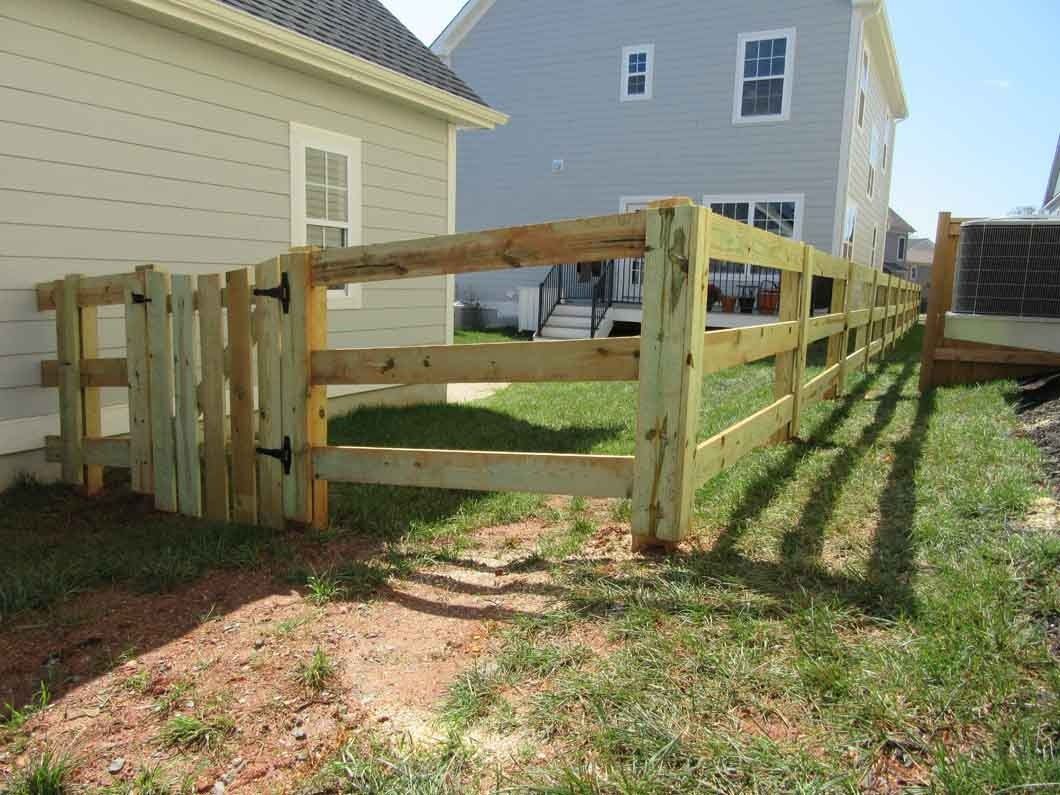 Wooden fence with gate next to a light-colored house and grass lawn.