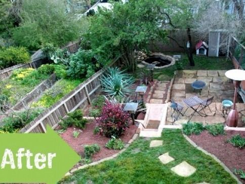 A lush backyard garden with a patio, stone path, and a pond.