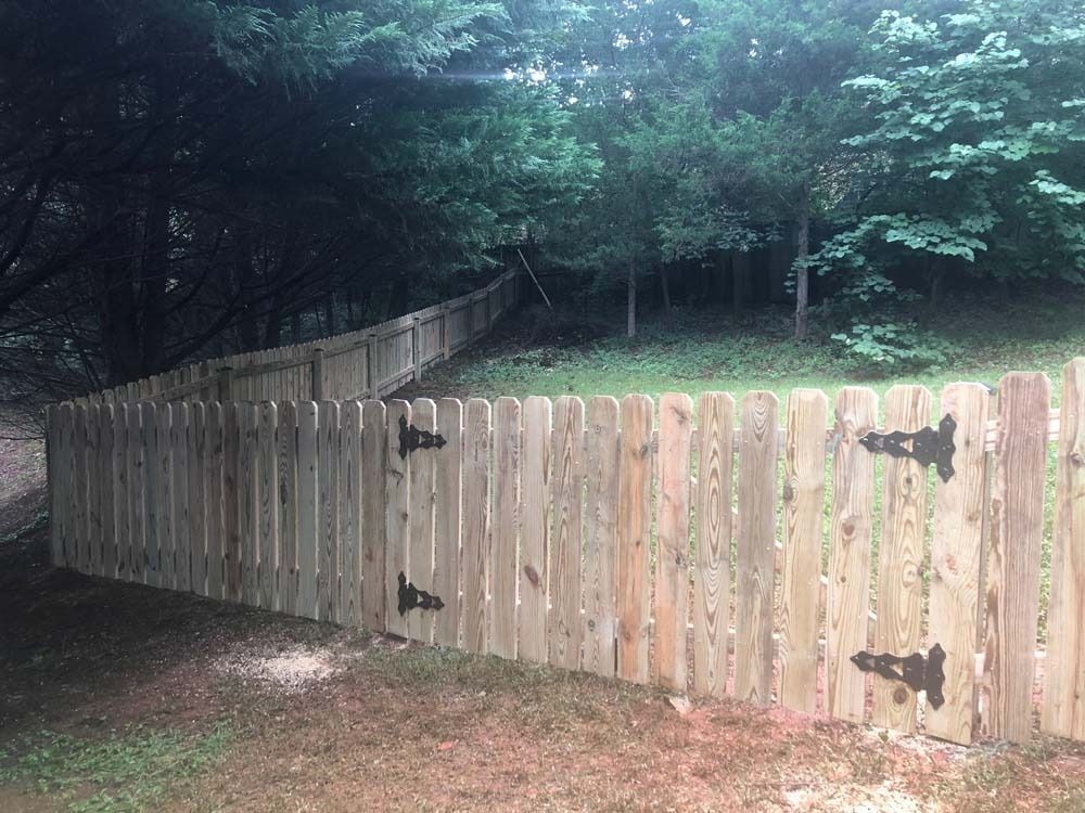 Wooden fence curves through a wooded area. The fence is made of light brown planks with black hinges.