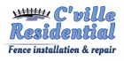 Logo for C'ville Residential. Features a fence graphic, blue text with "Residential", and text "Fence installation & repair".
