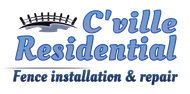 Logo for C'ville Residential. Features a fence graphic, blue text with "Residential", and text "Fence installation & repair".