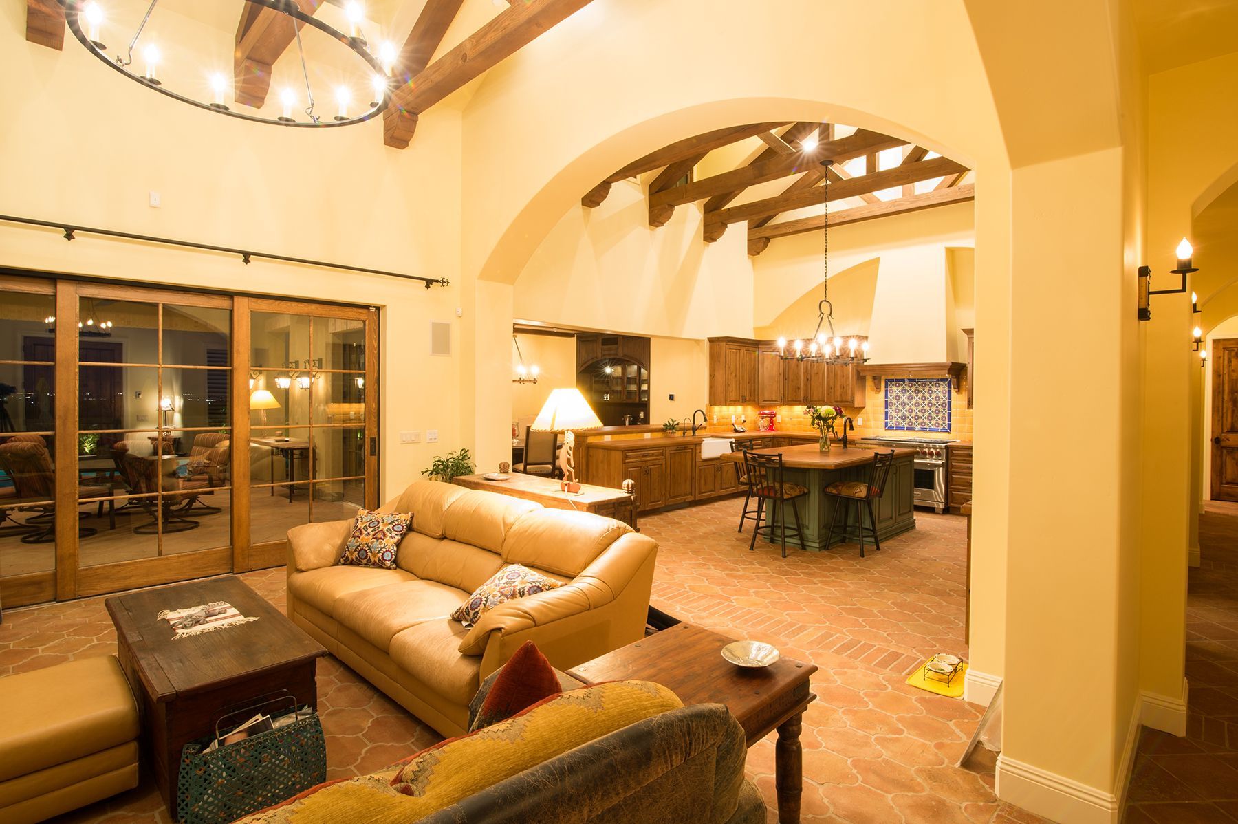 A living room with a couch and a table in it