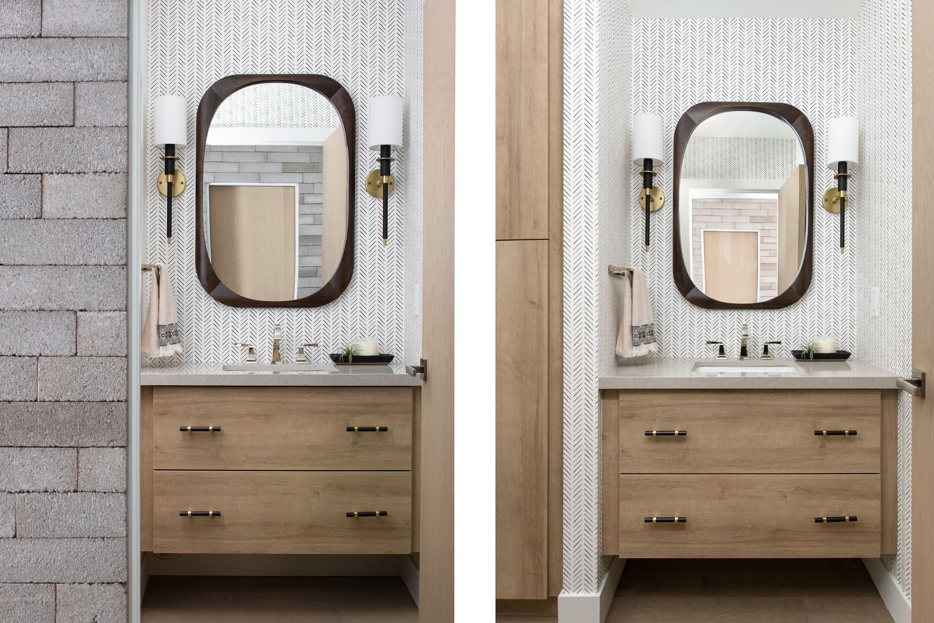 A bathroom with two sinks , two mirrors , and a brick wall.