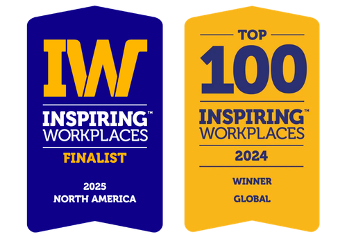 Two blue and gold award badges for Inspiring Workplaces, 2025 finalist North America and 2024 winner global