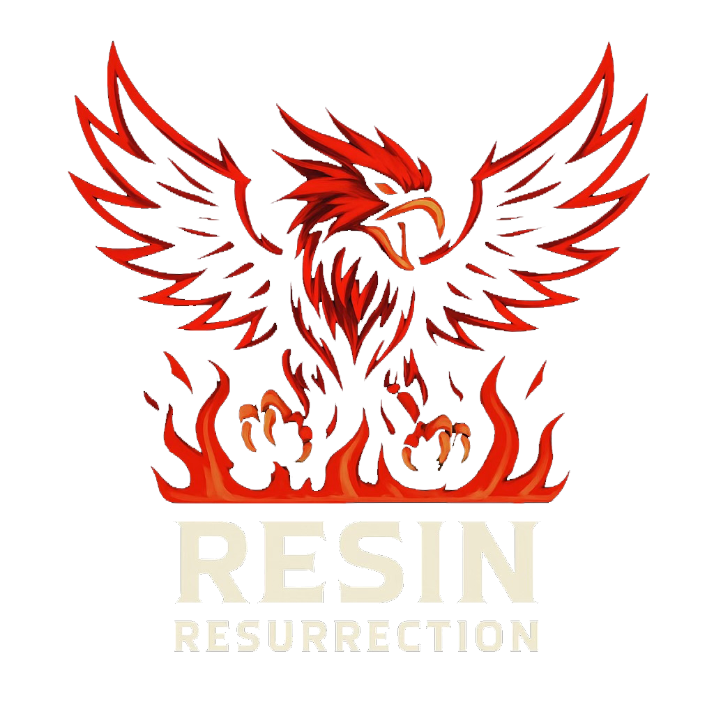Fiery phoenix with outstretched wings, flames, and text "Resin Resurrection."