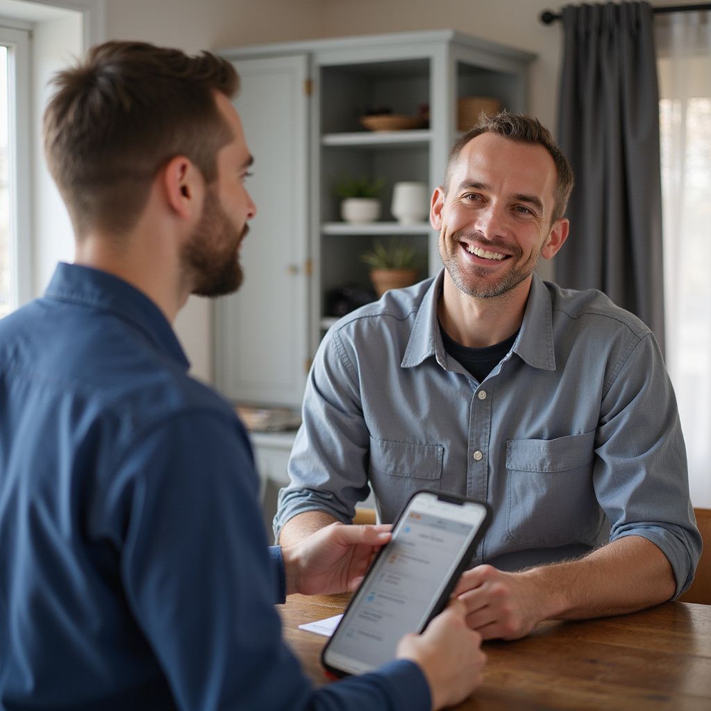 Man smiles while looking at person holding a tablet, indoors, sunny.