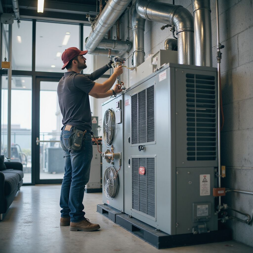 HVAC technician working on industrial air conditioning unit near a window. He's wearing a cap, jeans, and work boots.