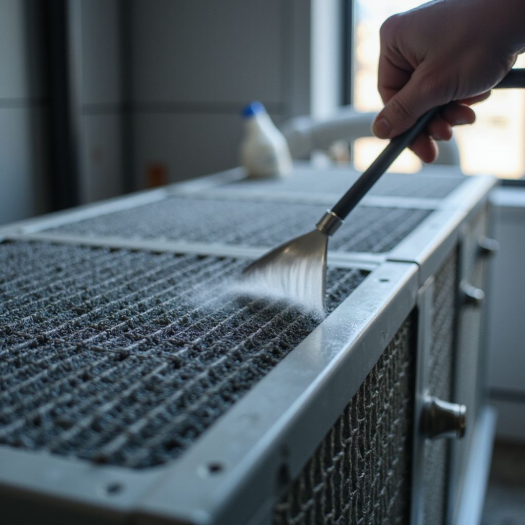 Hand brushing dust off of a metal HVAC unit with a brush in an indoor setting, next to a window.