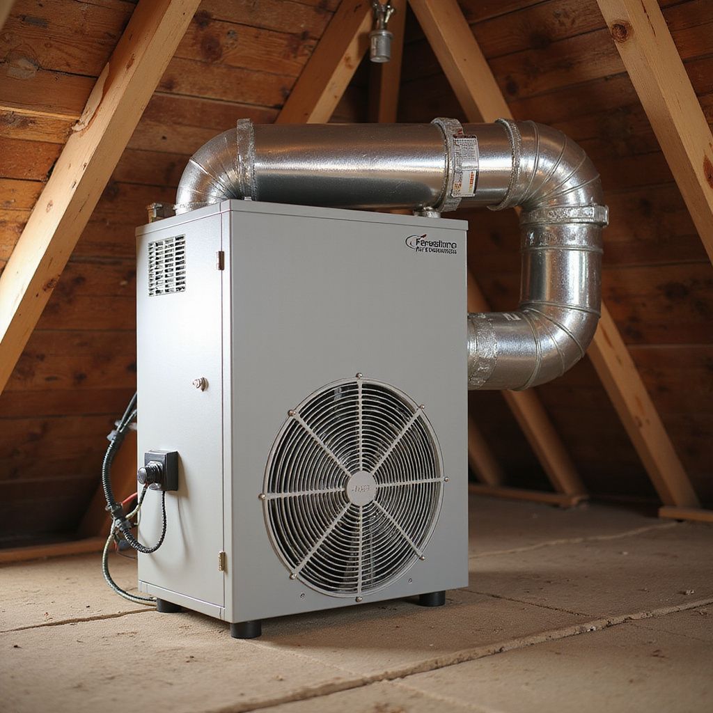 Large grey HVAC unit with fan and ductwork in an attic, set against wooden beams.