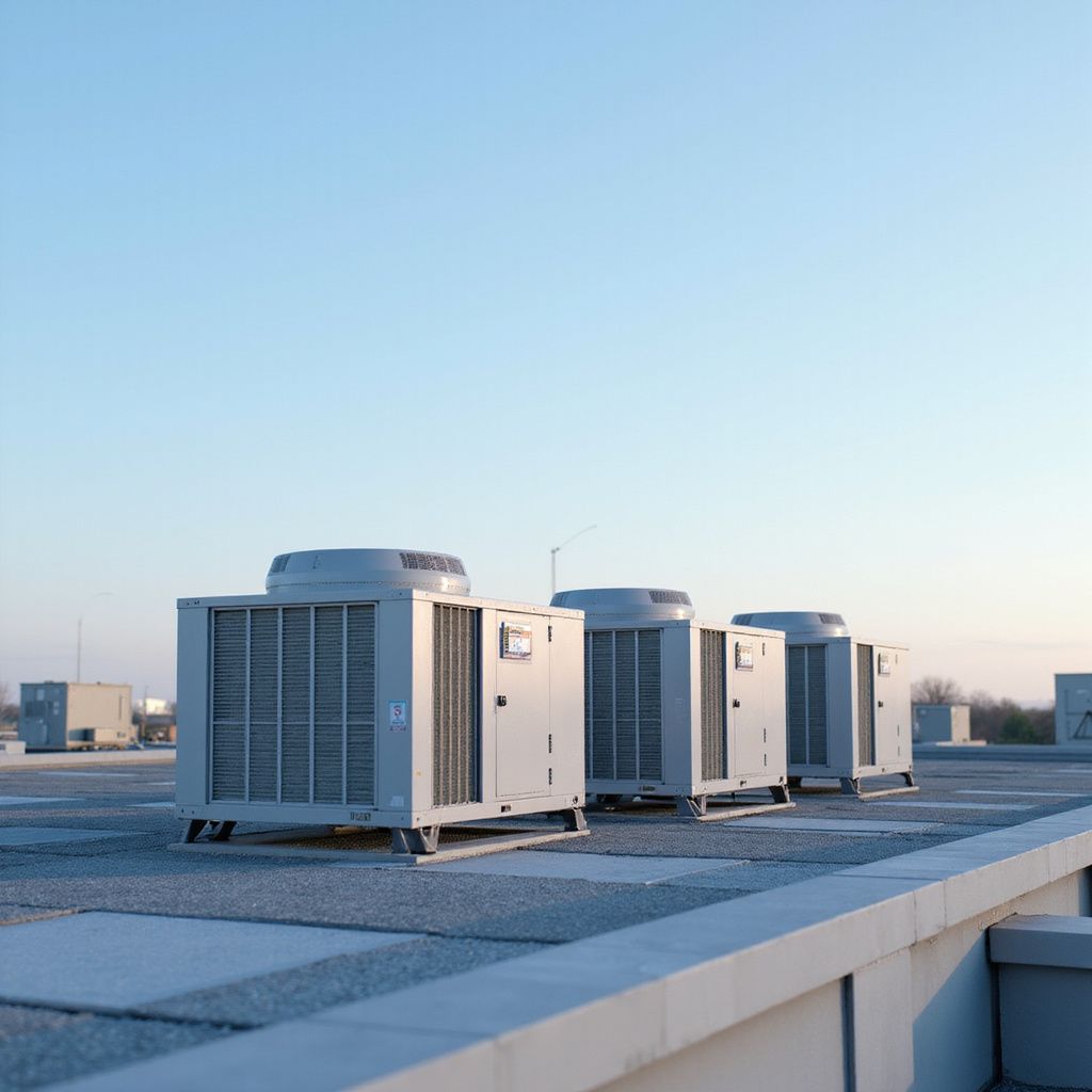 Air conditioning units on a rooftop against a clear blue sky.