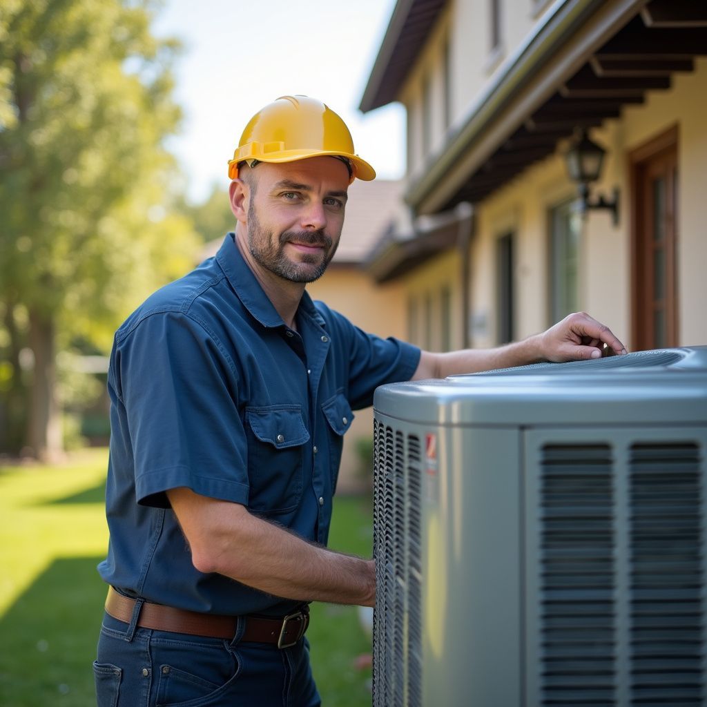 HVAC technician in a yellow hard hat working on an air conditioning unit outside a house.