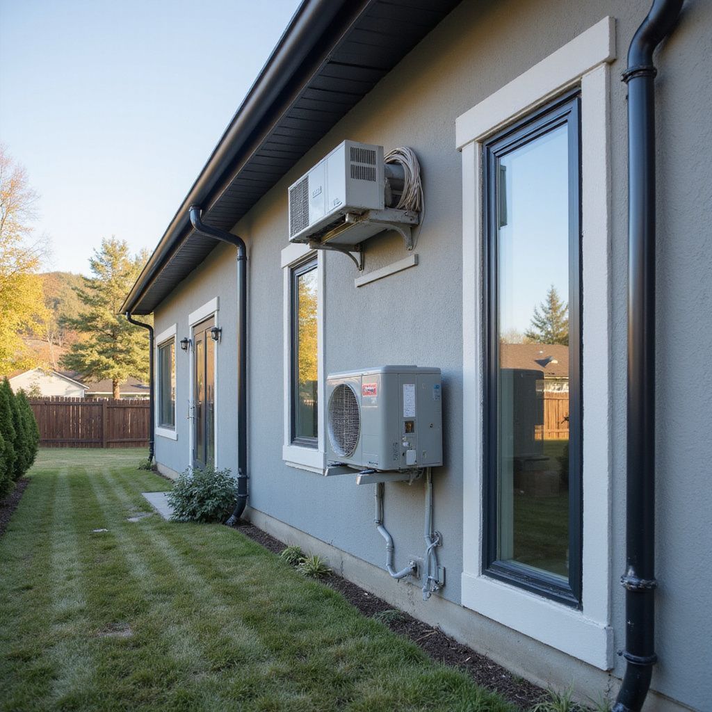 Exterior wall of a house with air conditioning units, windows, and green grass.
