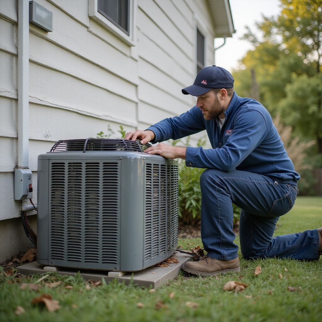 HVAC technician kneeling, inspecting an air conditioning unit outside a house.