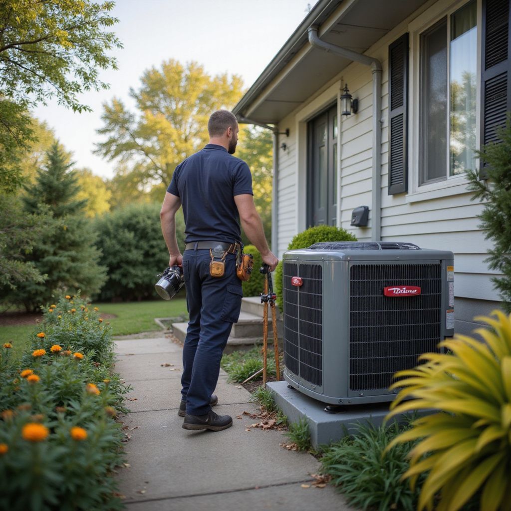 HVAC technician inspects a residential air conditioning unit outdoors, holding tools, near a house.