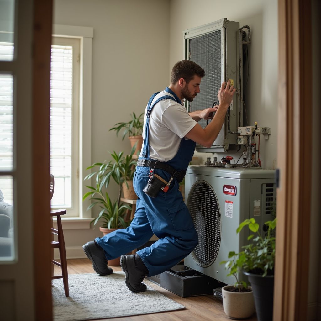 HVAC technician in blue overalls repairs an air conditioning unit indoors. Plants, tools, and a window are visible.