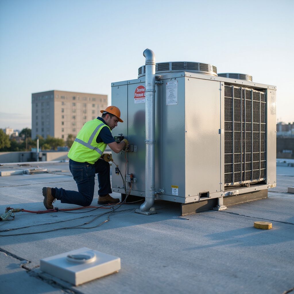 HVAC technician repairs rooftop air conditioning unit, wearing a safety vest and hard hat.