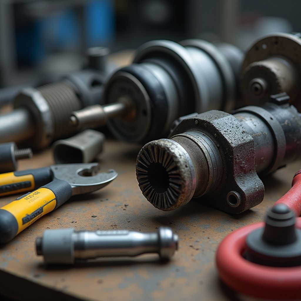 Close-up of metal tools and machine parts on a rusty, textured surface. Yellow and red details.