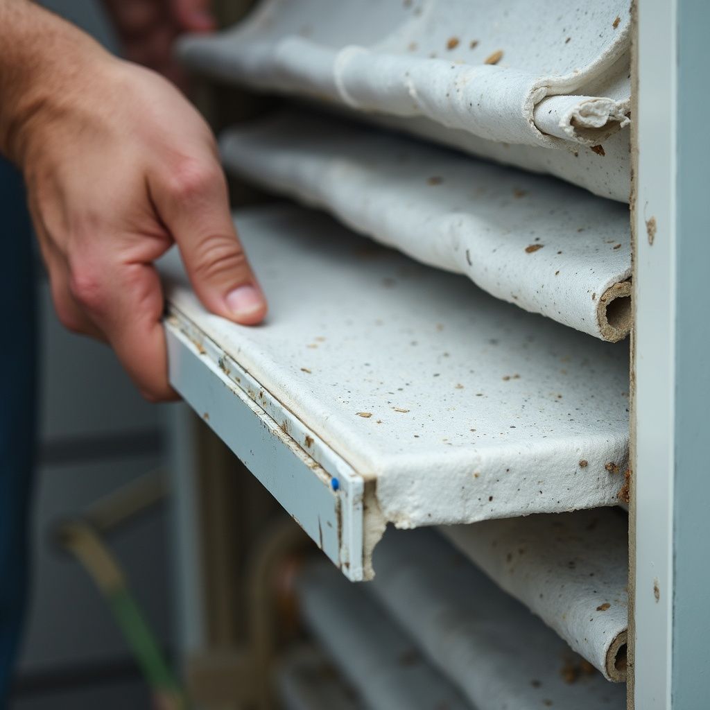 Hand removing tray from a dehydrator with several trays holding a light-colored, textured material.