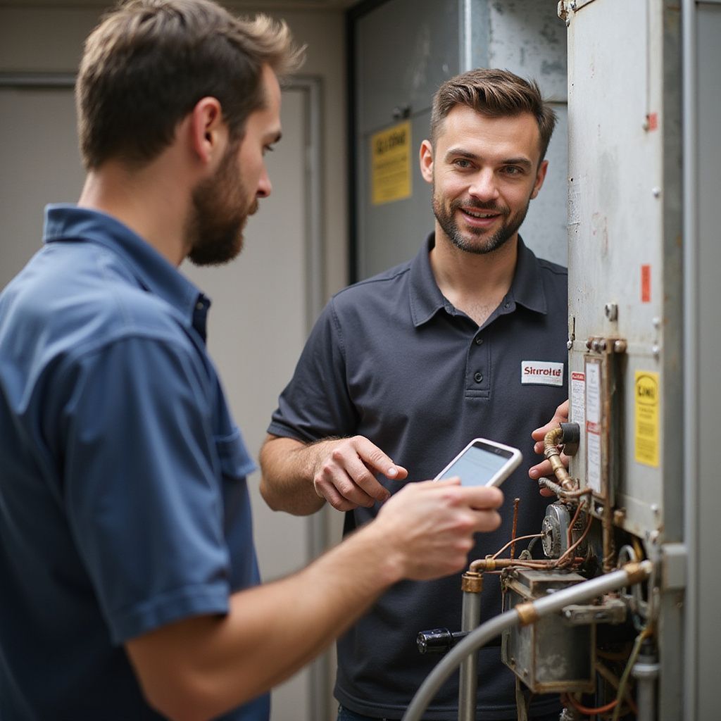 Two HVAC technicians examining equipment, one holding a phone, indoors.