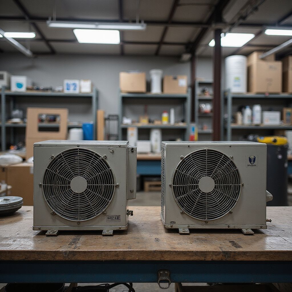 Two industrial air conditioning units on a workbench in a workshop. Shelves with supplies in the background.