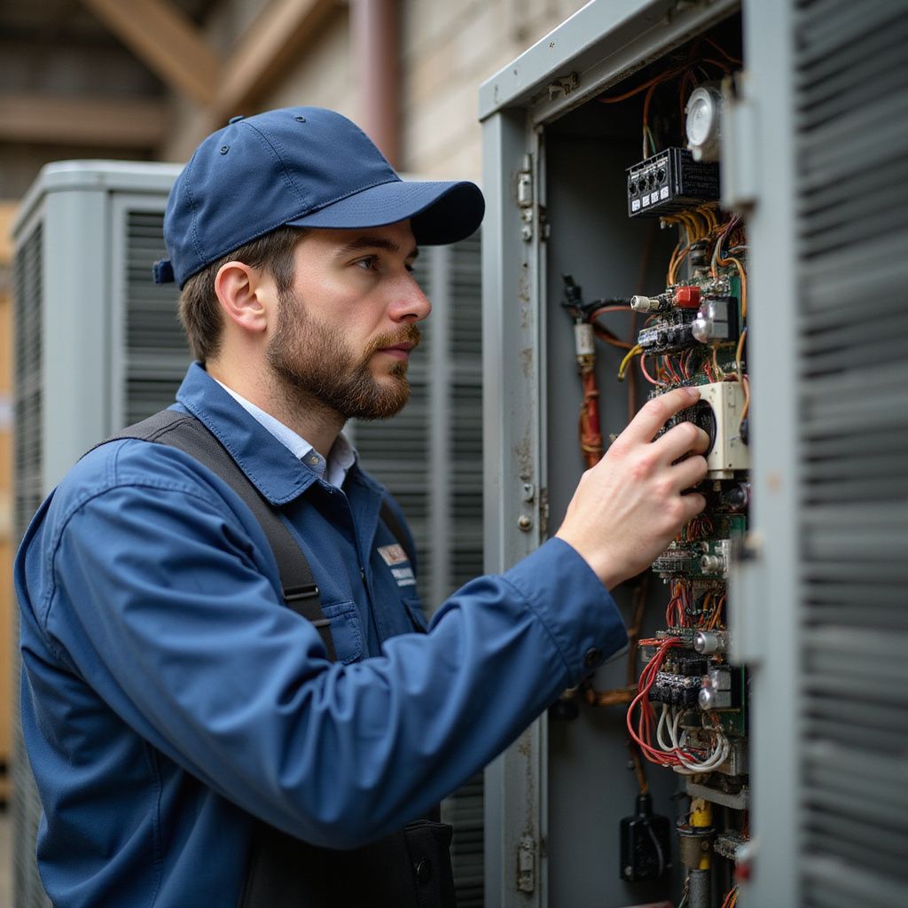 Technician in blue uniform examining machinery panel, indoors.