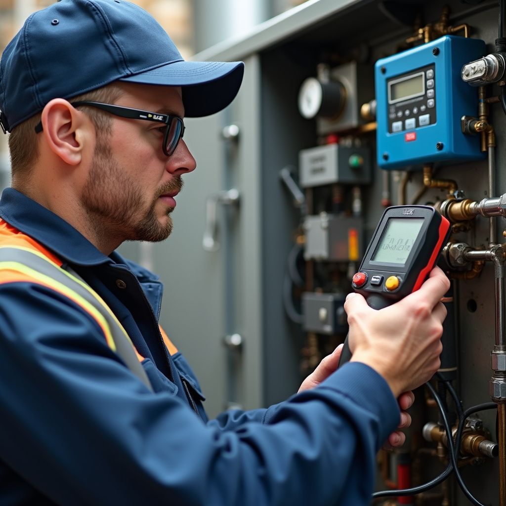 Man in work clothes checks equipment with a handheld device, outdoors.