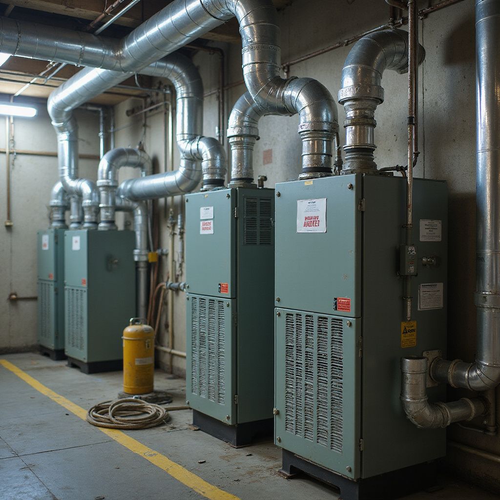 Row of industrial HVAC units with silver pipes against a concrete wall.