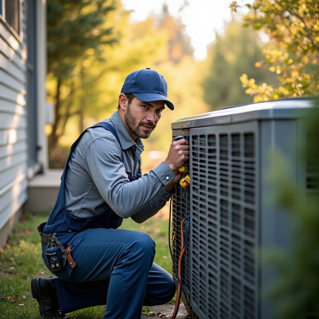 HVAC technician kneeling, inspecting outdoor air conditioning unit; wearing blue work clothes, cap, outside.