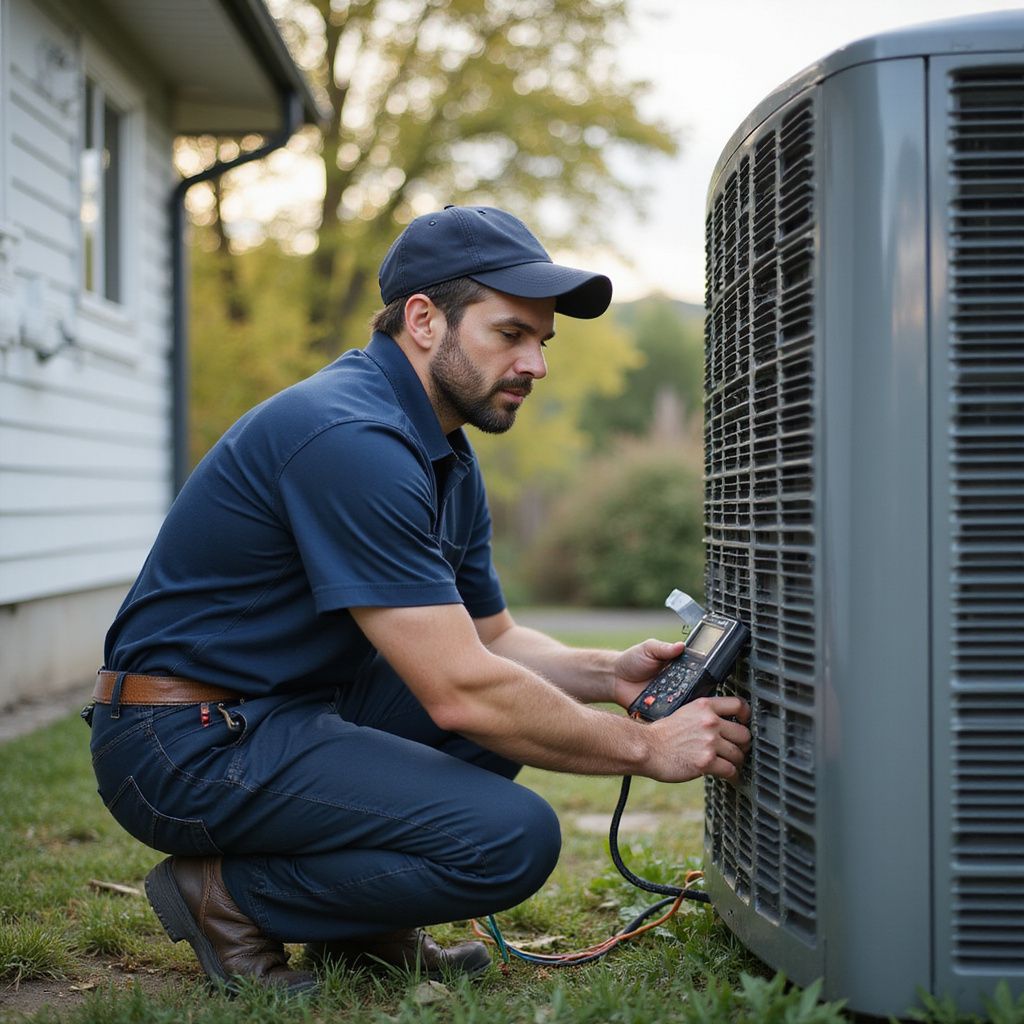 HVAC technician in blue uniform kneels, using a diagnostic tool on an air conditioning unit outside a house.