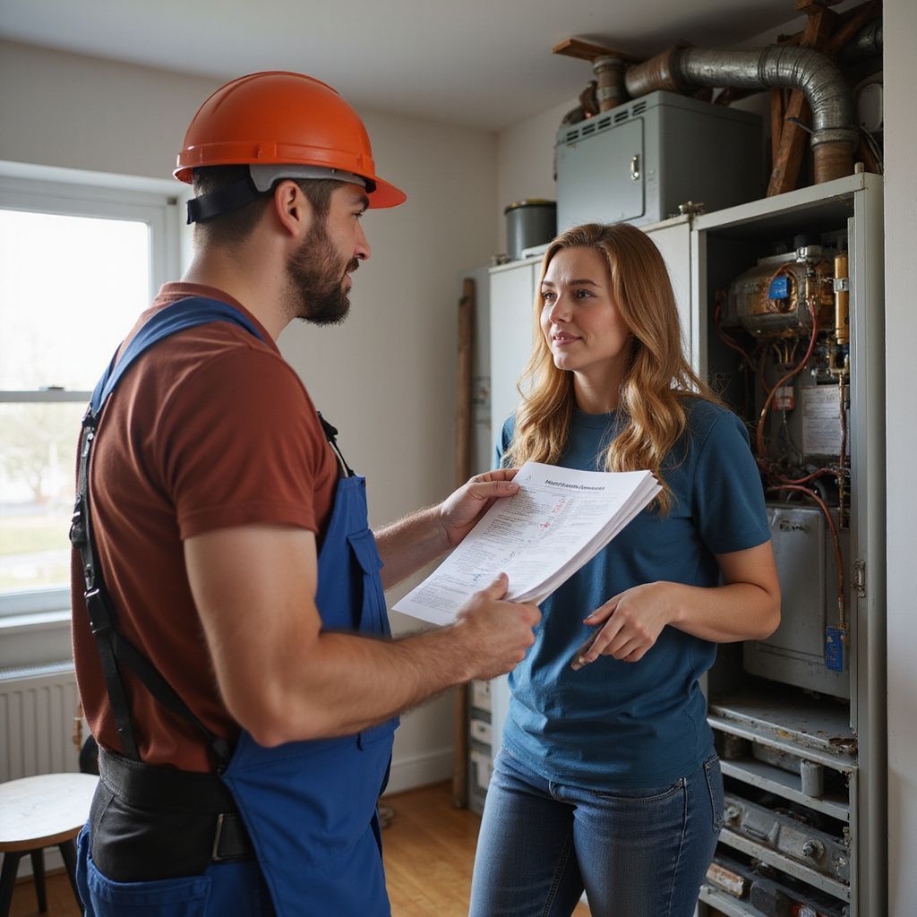 HVAC technician in orange hardhat shows paperwork to a homeowner near a furnace.