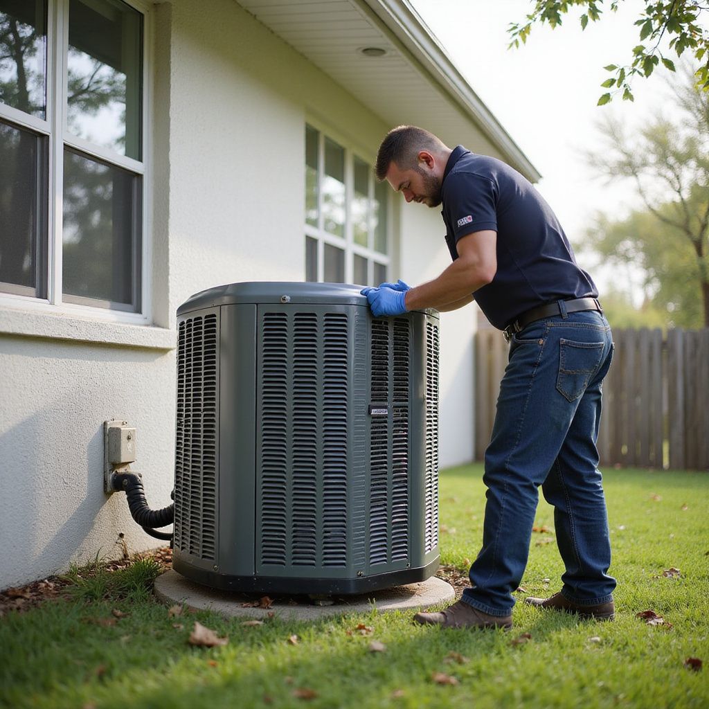HVAC technician inspecting an air conditioning unit outside a house.