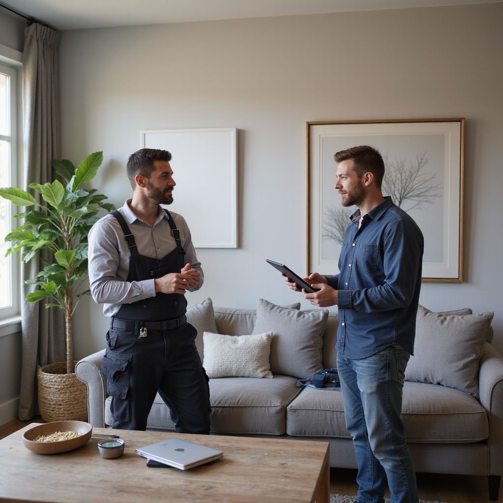 Two men discussing in a living room. One wears overalls and the other holds a tablet. Neutral colored sofa, wooden table.