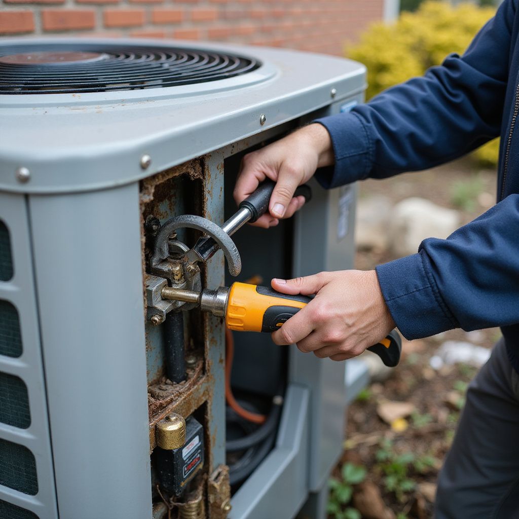 Person repairs an air conditioner unit with a wrench and screwdriver outdoors.