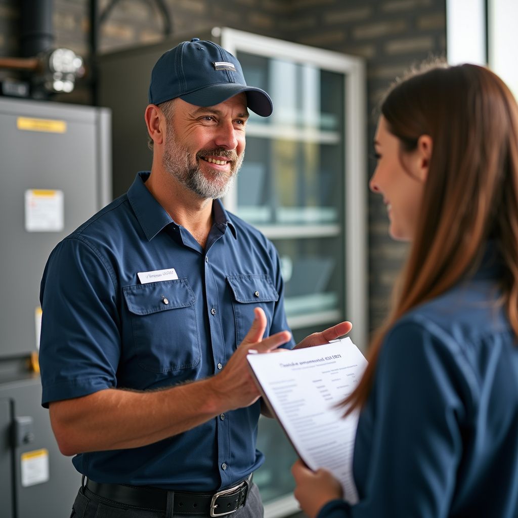 HVAC technician in blue uniform discusses paperwork with a customer indoors near a utility system; both smile.