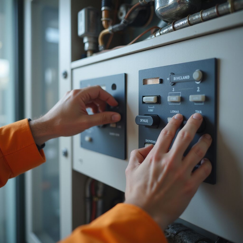 Hands manipulating controls on a gray electrical panel, wearing an orange sleeve.