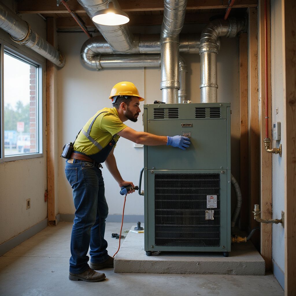 HVAC technician in hard hat and gloves working on a large heating unit in a room with ductwork.