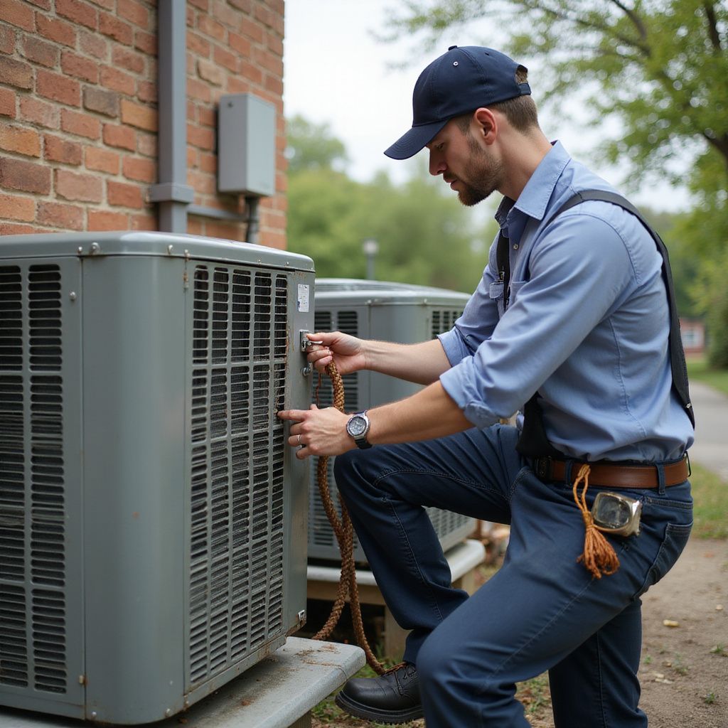 HVAC technician working on an AC unit outdoors; brick building background.