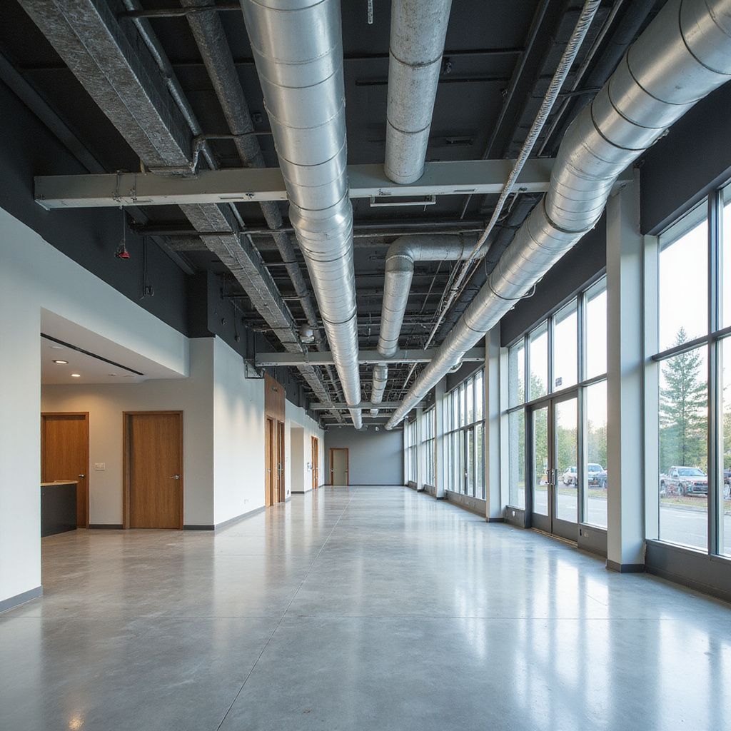 Modern hallway with polished concrete floor and large windows, exposed ceiling ducts.