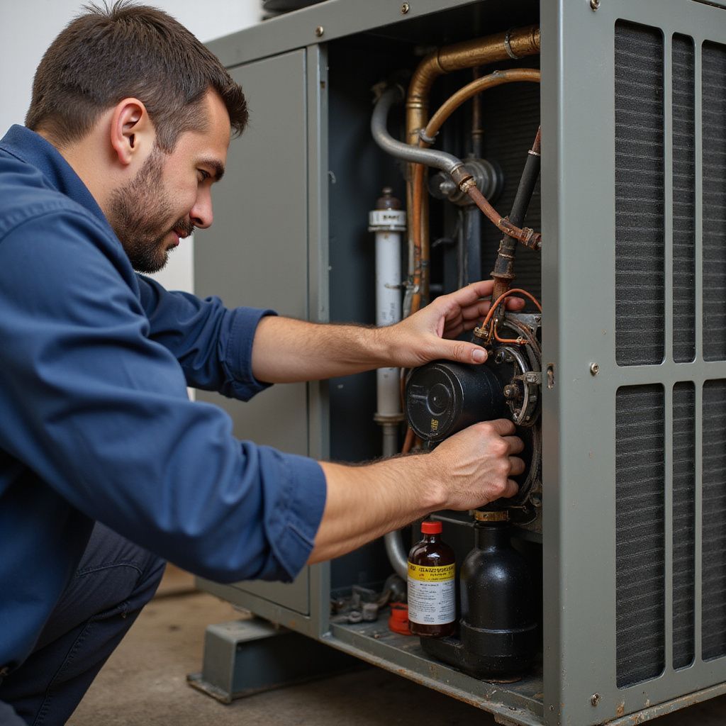 Man in blue shirt working on machinery, inspecting internal components.