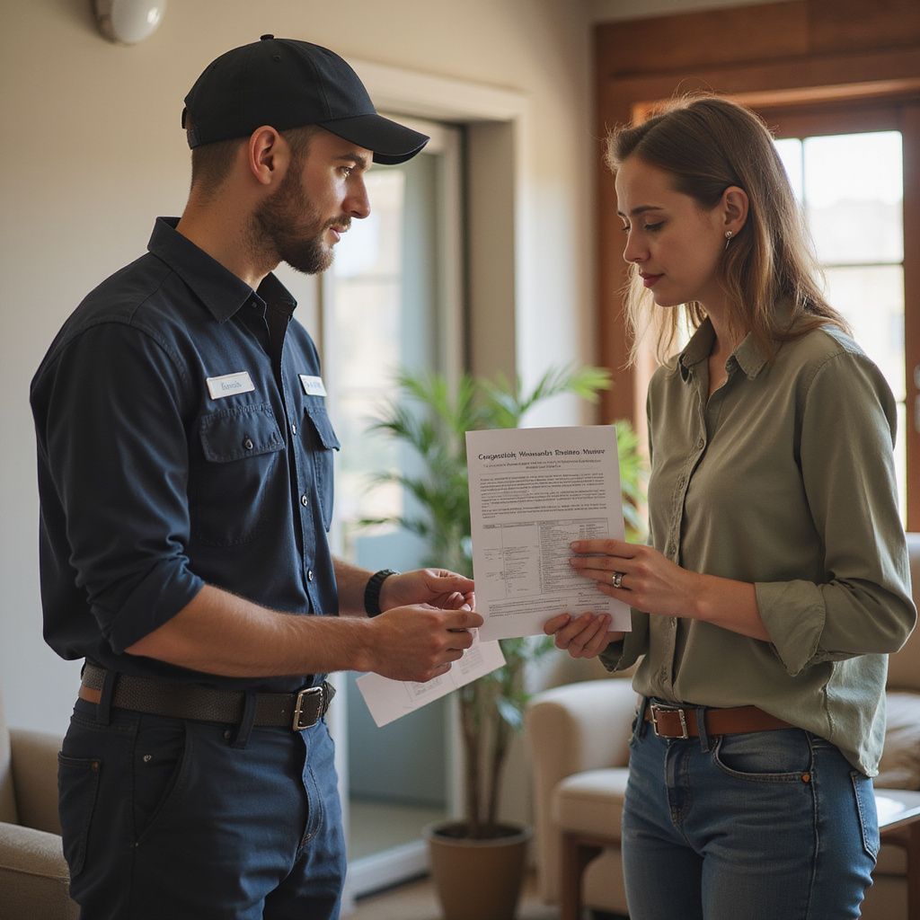 Serviceperson shows woman paperwork in home. He wears a work uniform and cap. She wears a casual shirt and jeans.