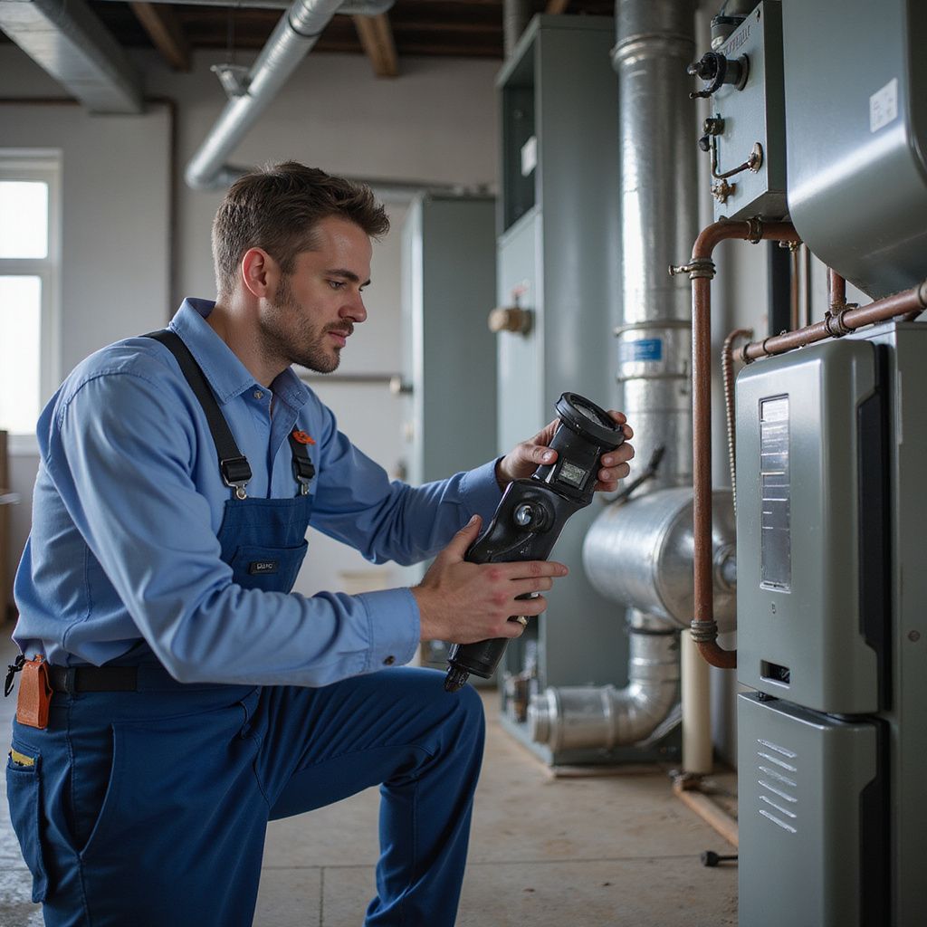 HVAC technician kneeling, inspecting equipment with a handheld device in a utility room.