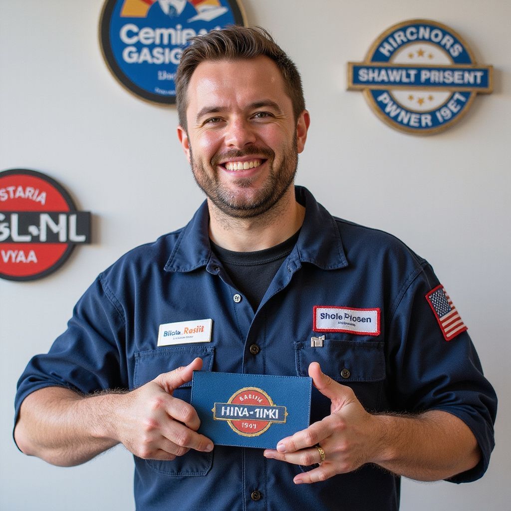 Man in blue work shirt smiling, holding a blue card; surrounded by round wall signs.