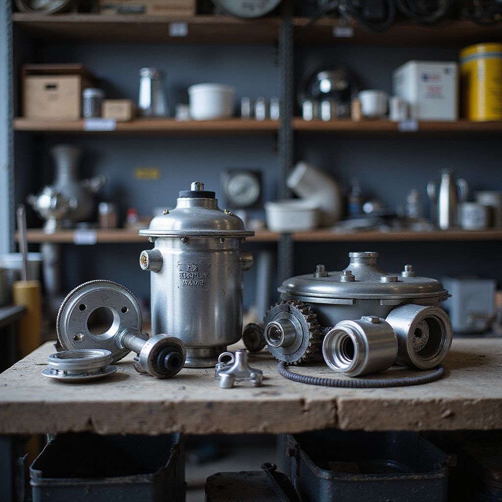 Metal machine parts on a workbench in a workshop, shelves of tools and equipment in the background.