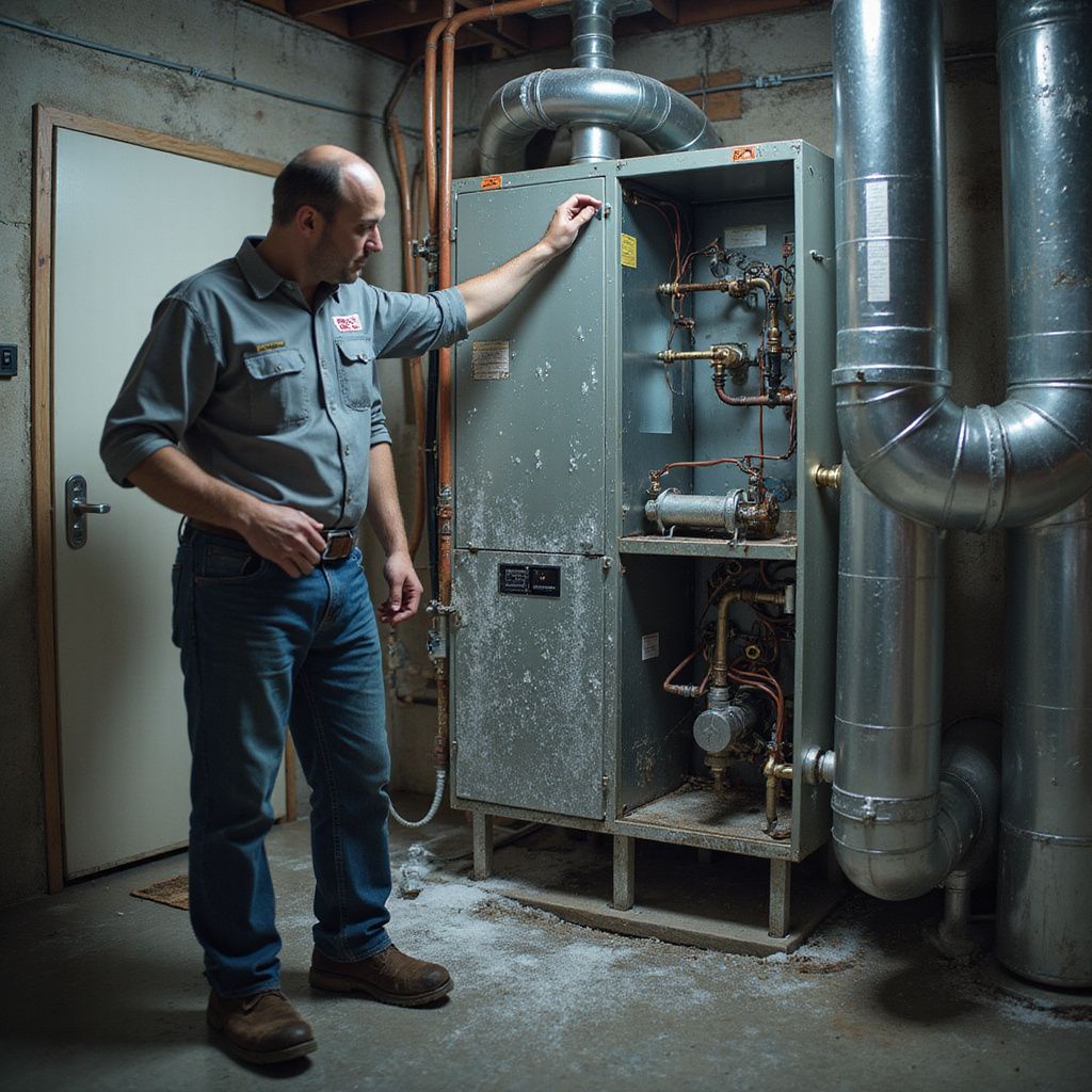 Man in work uniform inspecting a furnace in a basement setting.
