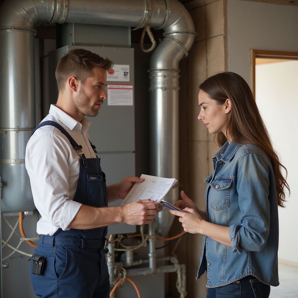 HVAC technician shows a homeowner paperwork near a furnace in a home.
