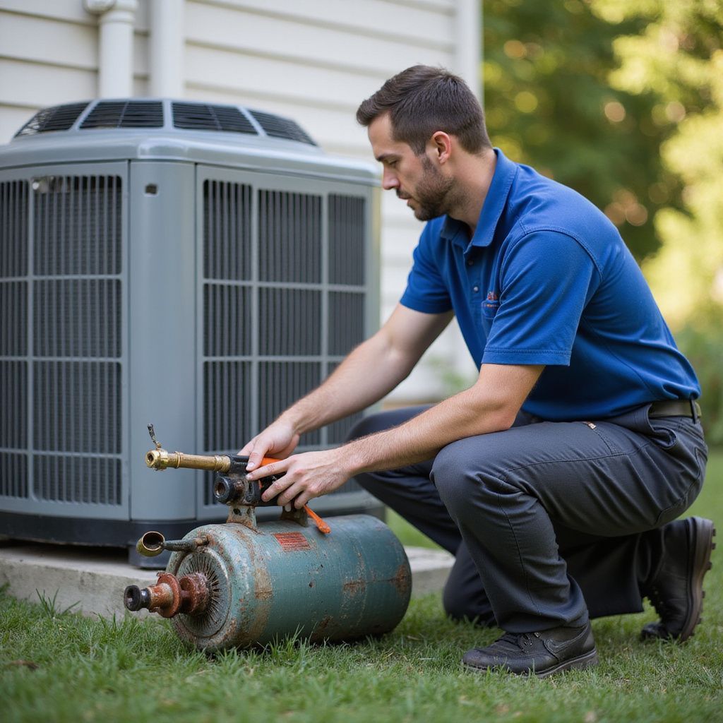 HVAC technician working on a blue refrigerant tank, near an outdoor air conditioning unit.