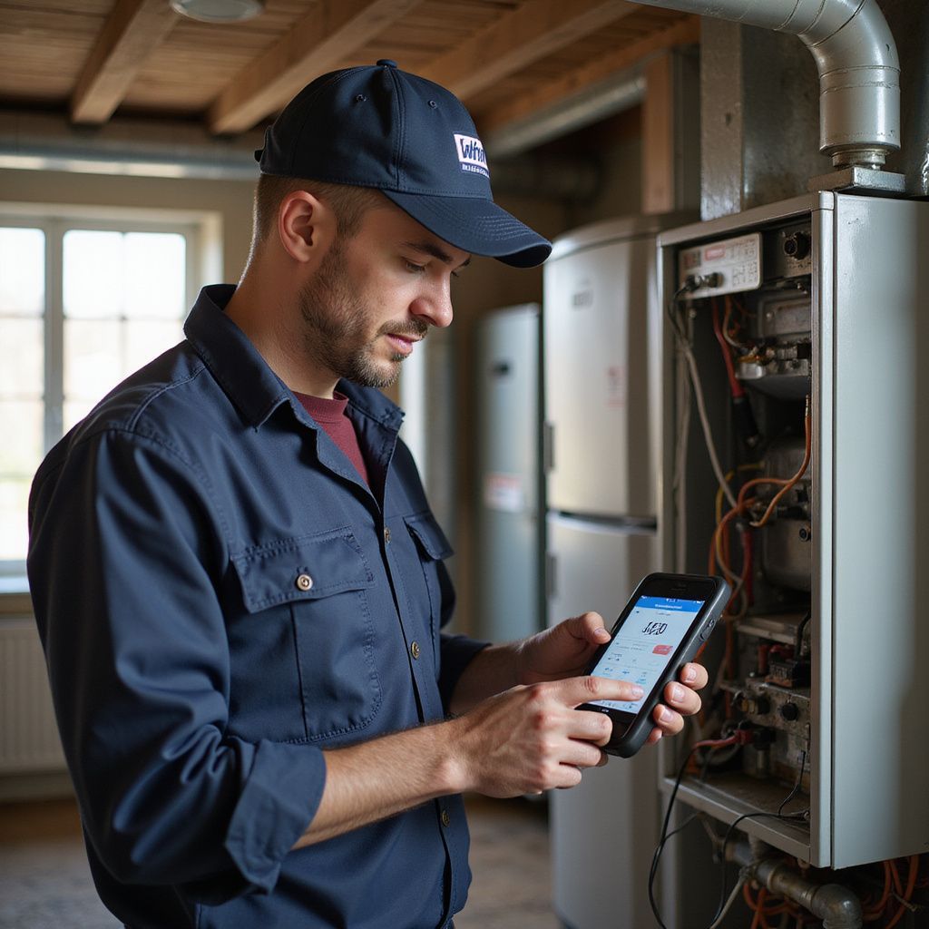 HVAC technician examines furnace with a tablet in a home.