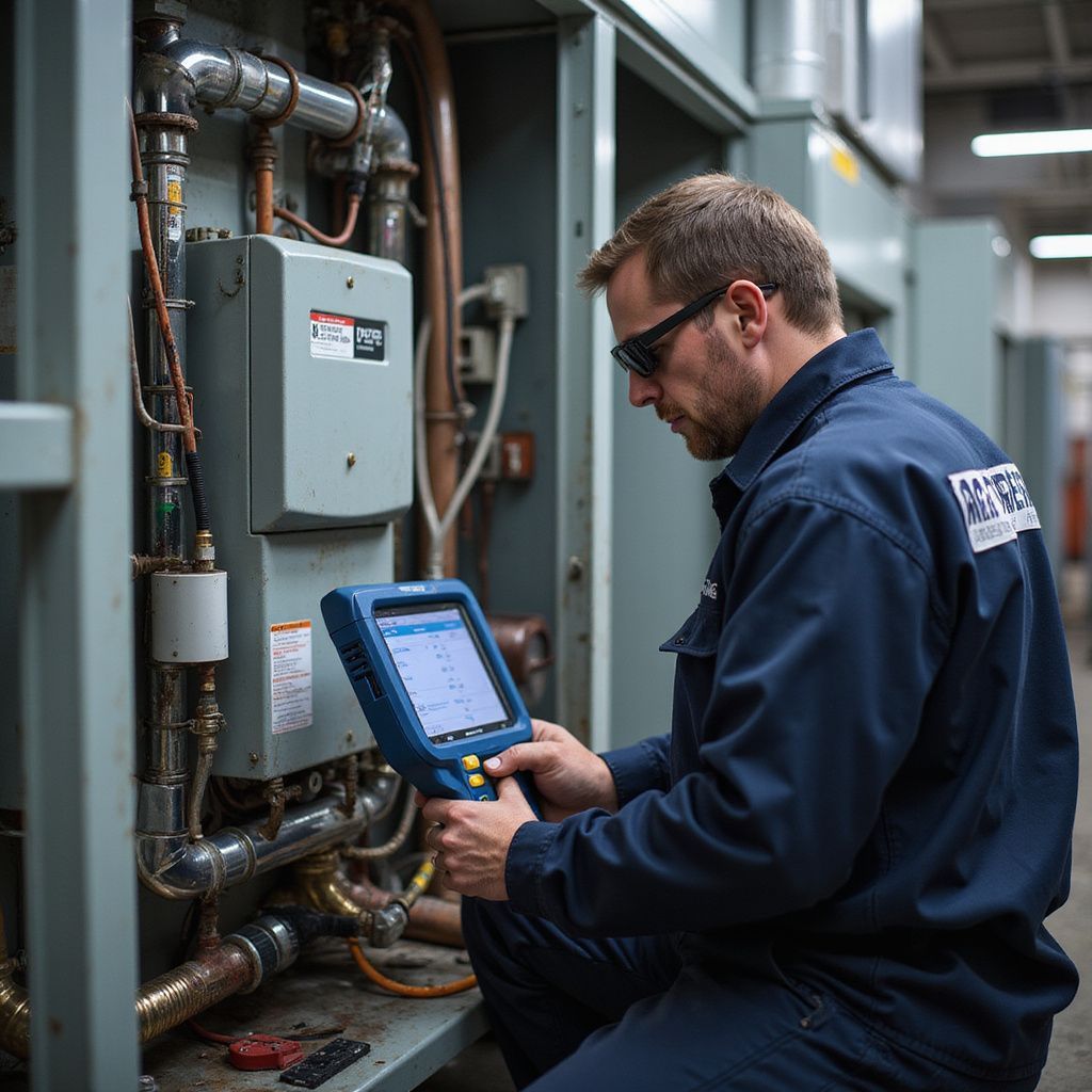 HVAC technician kneels, using a diagnostic tool on industrial equipment. Dark blue jumpsuit, serious expression.