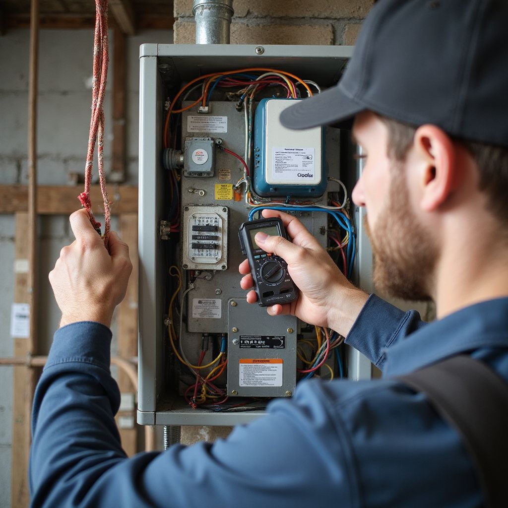 Electrician using a multimeter on an electrical panel in a building.