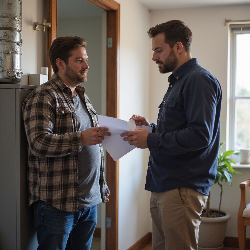 Two men reviewing papers inside a house, one in plaid shirt and the other in a blue shirt.
